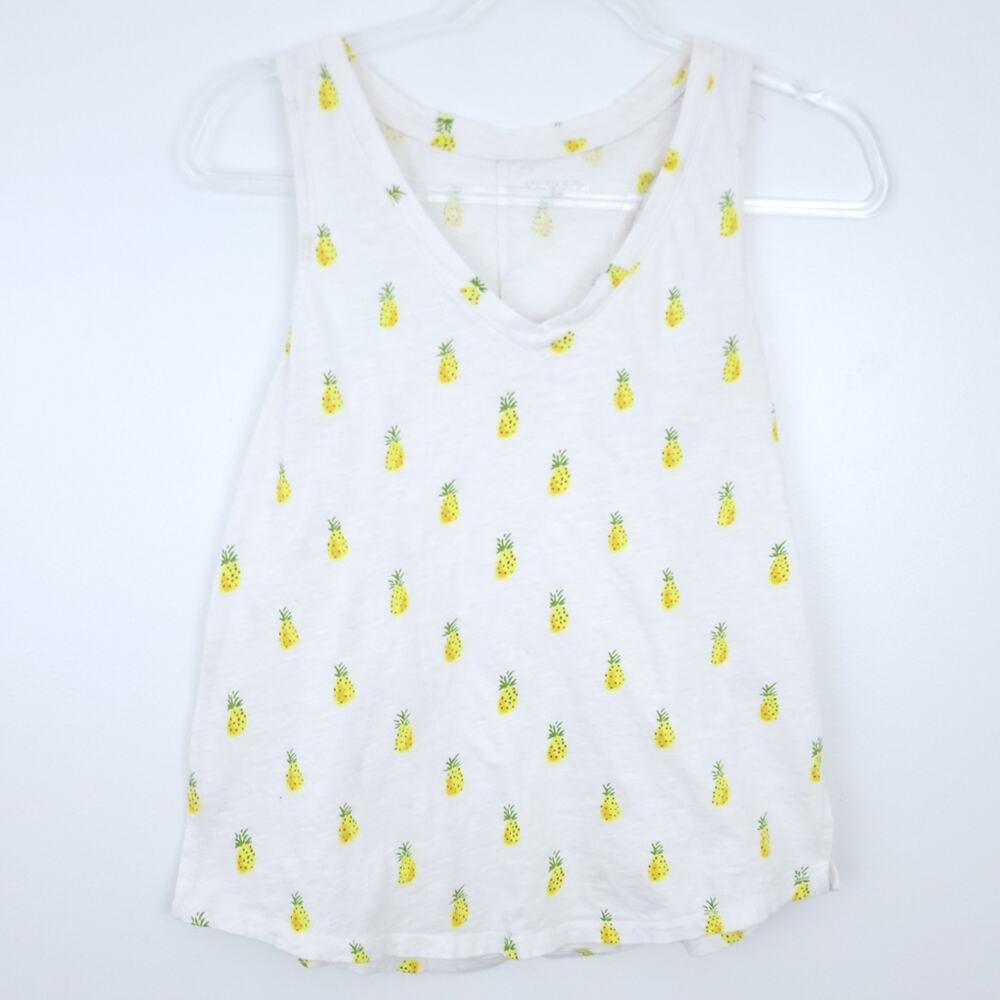 Merona Pineapple Tank Top Small Sleeveless Cotton Shirt White Yellow, Racerback